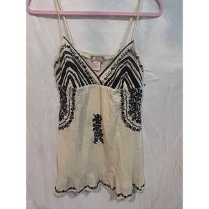 Flying Tomato Embroidered Cotton Tank Top Cream Black Boho‎ Peasant Style Size M